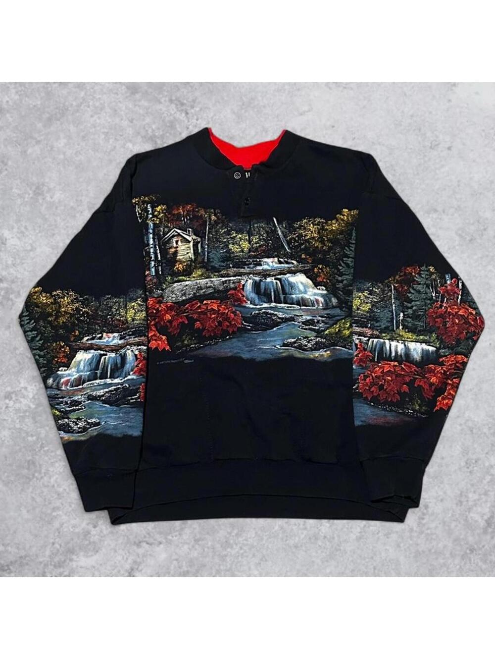 Vintage Y2K Art Unlimited Nature AOP Henley Sweater - Fits Small!